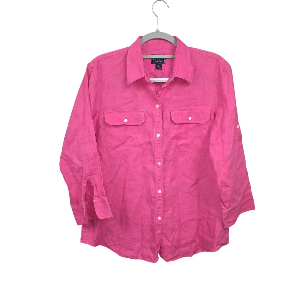 Chaps Ralph Lauren Shirt Women L Pink 100% Linen Button Up Coastal Beachy Casual